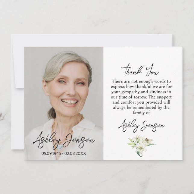 Sympathy Lily Photo Funeral Thank You Card (Front)