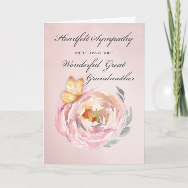 Sympathy Loss of Great Grandmother Butterfly Rose Card (Front)