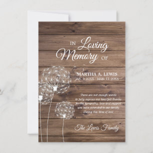 Sympathy Memorial Dandelion Pappi Rustic THANK YOU Card