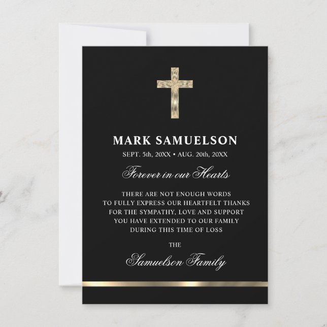Sympathy Memorial Religious Cross Black Gold Thank You Card (Front)
