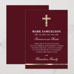 Sympathy Memorial Religious Cross Burgundy Gold Thank You Card