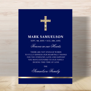 Sympathy Memorial Religious Cross Navy Gold Thank You Card