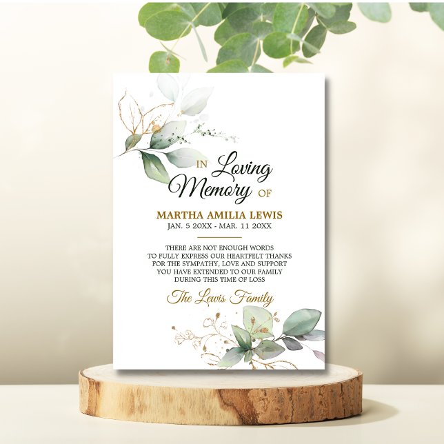 Sympathy Memory Greenery Gold Leaves THANK YOU Card (Creator Uploaded)