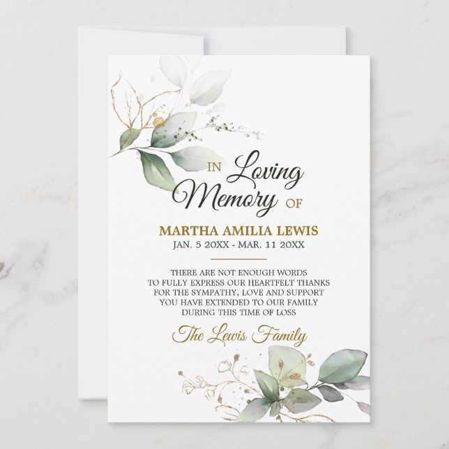 Sympathy Memory Greenery Gold THANK YOU | POEM Card (Front)