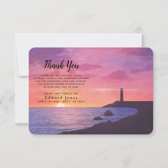 Sympathy Memory Sunset Lighthouse Thank You Card (Front)