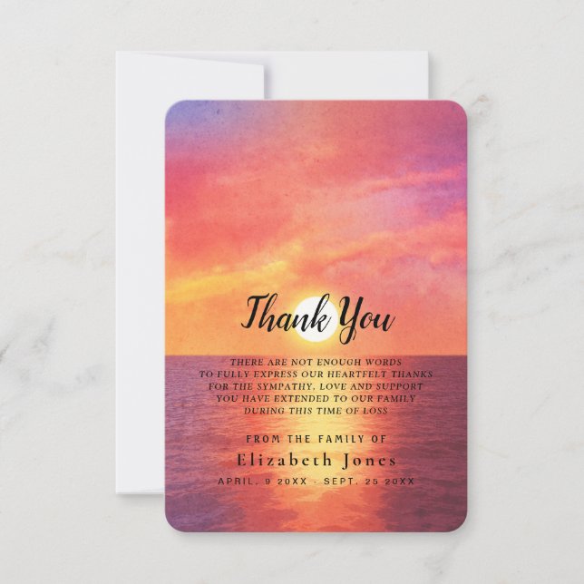 Sympathy Memory Sunset Ocean Thank You Card (Front)
