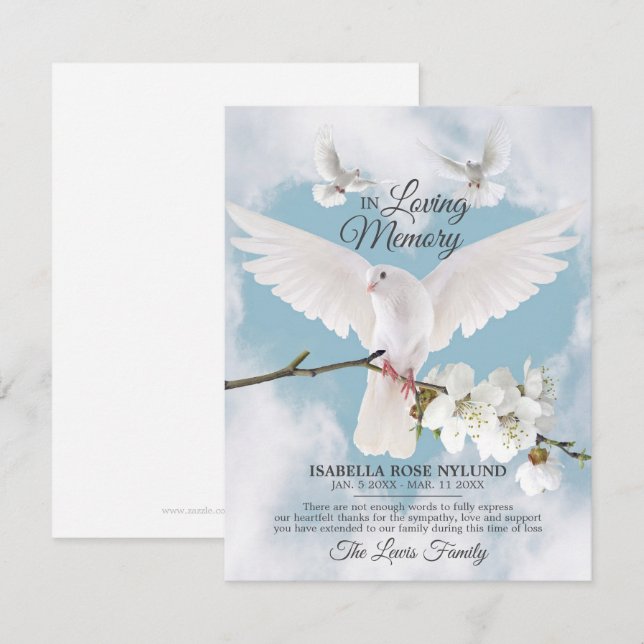 Sympathy Memory White Dove Heaven In Memory Thank  You Card (Front/Back)