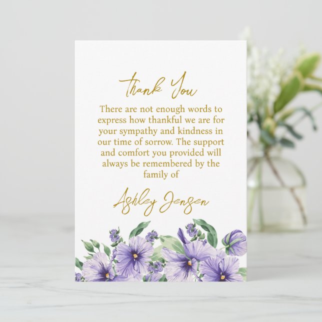 Sympathy Pansy Funeral Thank You Card (Standing Front)