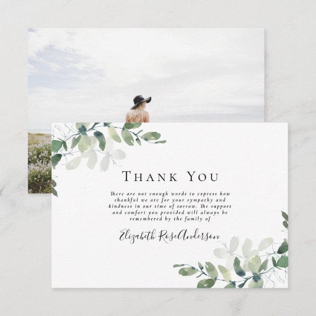 Sympathy Photo Eucalyptus Funeral Thank You Card (Front/Back)