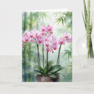 Sympathy Pink Orchids On Green Bamboo Card