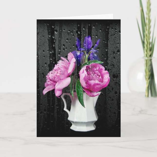 Sympathy Pink Peonies and Iris with Raindrops  Card (Front)