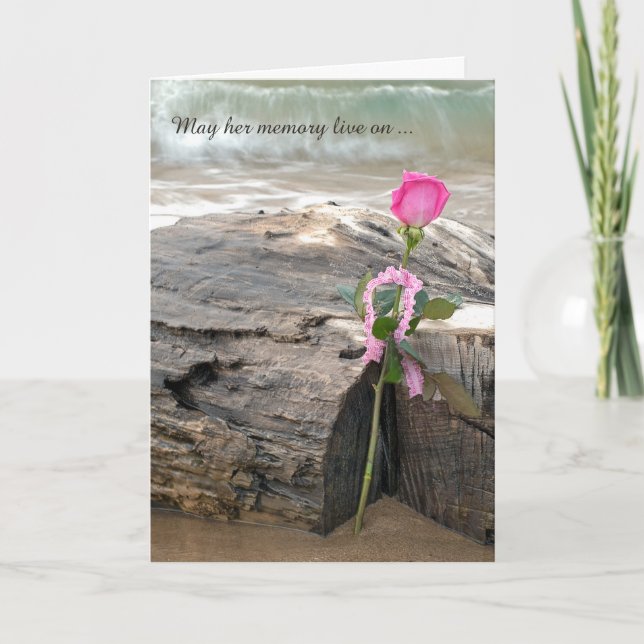 sympathy pink rose on driftwood with waves card (Front)