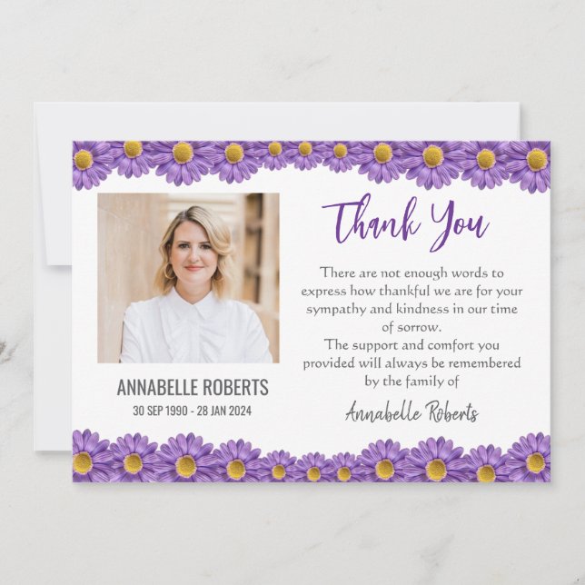 Sympathy Purple Gerberas Funeral  Thank You Card (Front)