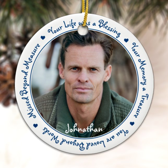 Sympathy Quote Blue Keepsake Memorial Photo Ceramic Ornament (Creator Uploaded)