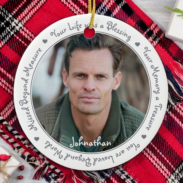 Sympathy Quote Silver Gray Keepsake Memorial Photo Ceramic Ornament (Creator Uploaded)