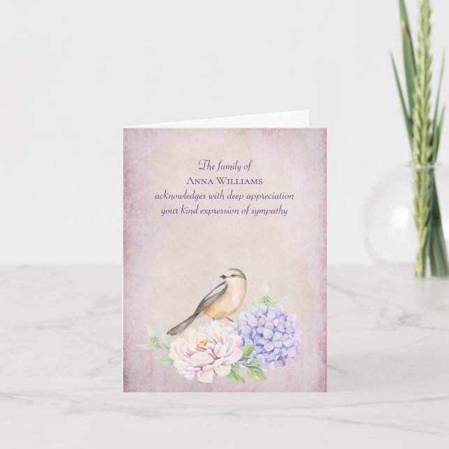 Sympathy Robin on Peony Thank You Card (Front)