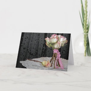 sympathy rose bouquet on doily with raindrops card