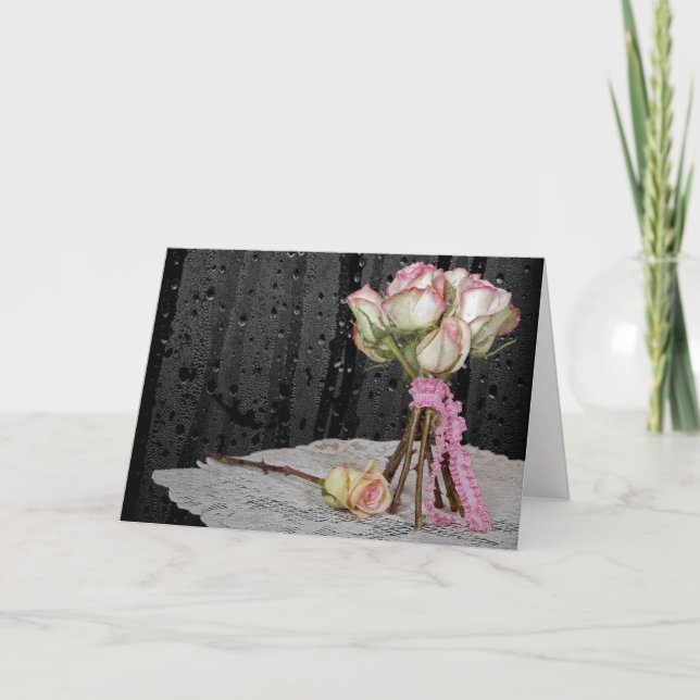 sympathy rose bouquet on doily with raindrops card (Front)