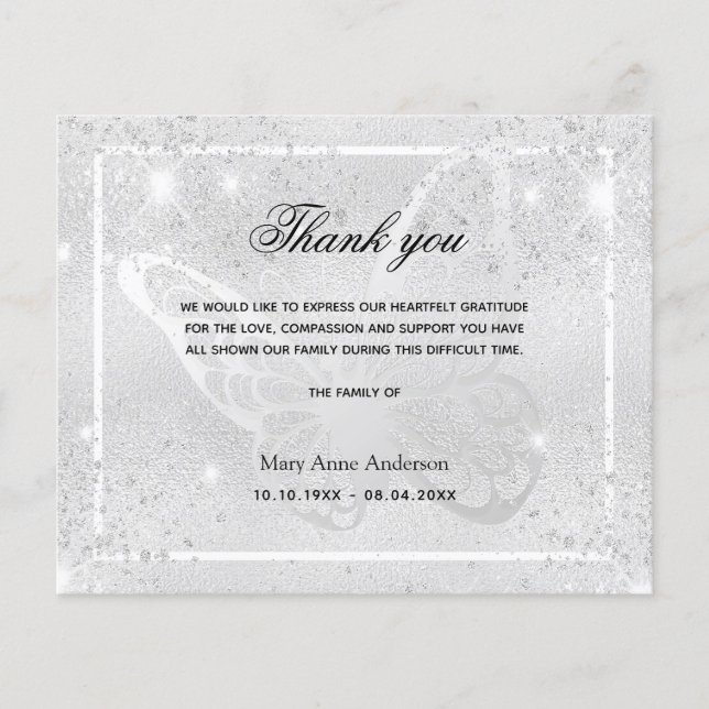 Sympathy silver butterfly thank you card (Front)