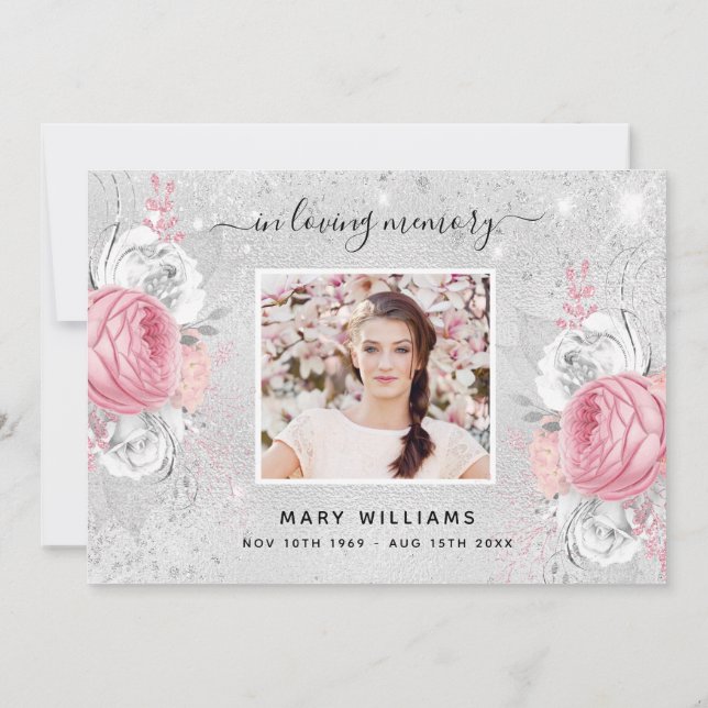 Sympathy silver glitter pink floral photo thank you card (Back)