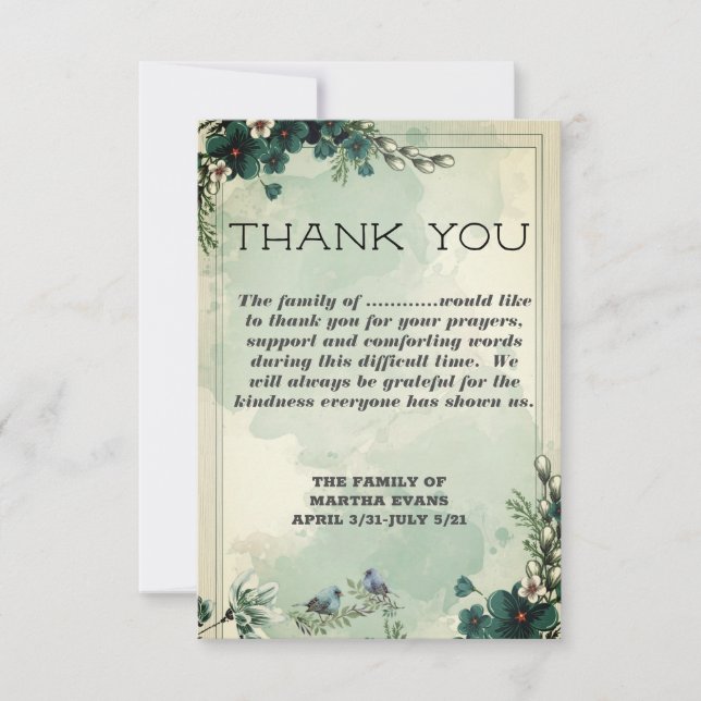 Sympathy Teal Florals Sympathy Thank you Card (Front)