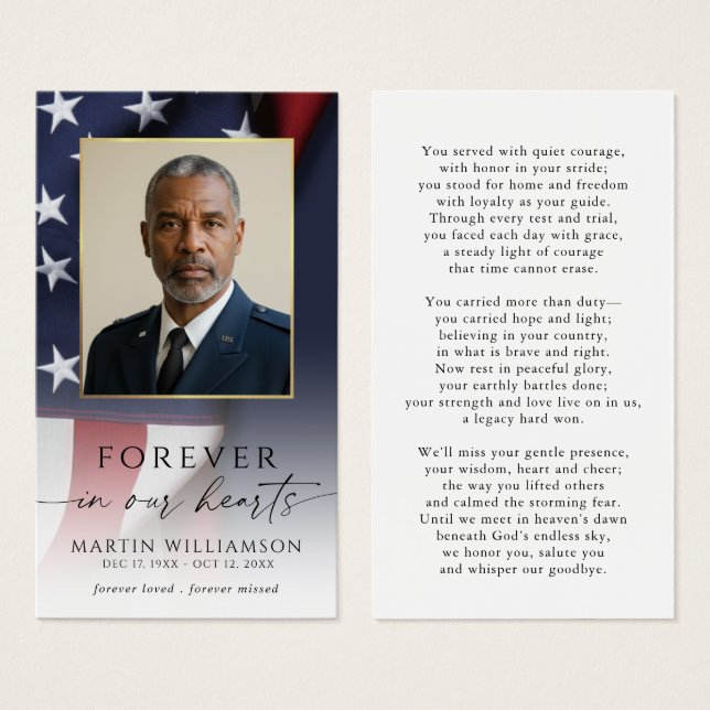 Sympathy US Flag Military Photo Prayer Card (Front & Back)