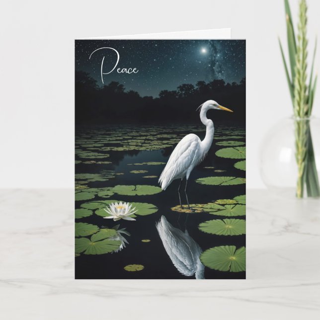 Sympathy White Egret On Water Lily Pad Card (Front)