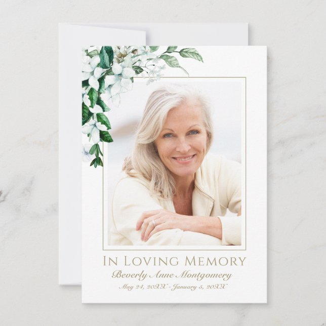 Sympathy White Magnolia Floral Photo Funeral Thank You Card (Front)
