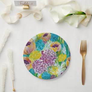 Symphony Hydrangea Poppy Floral Paper Plates