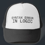 Syntax Error In Logic Minimalist Printed Trucker Hat<br><div class="desc">Shade for the analytical mind. A classic mesh-back trucker hat featuring a bold printed typewriter statement for those who stay anchored in their audit process.</div>