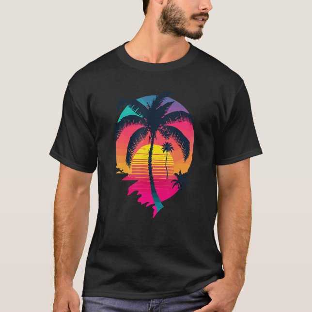 Synth Island Sunset Synthwave Aesthetic Palm Tree  T-Shirt (Front)
