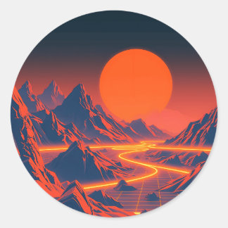 Synthwave Landscape with Neon Mountains Classic Round Sticker