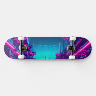 Synthwave Neon City Cyberpunk Industrial Skateboard
