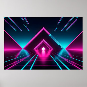 Synthwave Neon Tunnel Glowing Pyramid Abstract Poster