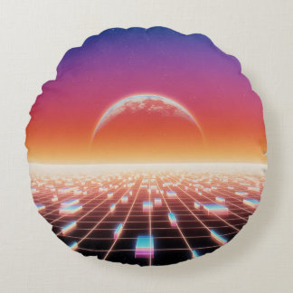 Synthwave Retro-Futuristic Landscape Round Pillow