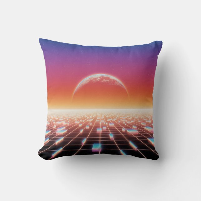 Synthwave Retro-Futuristic Landscape Throw Pillow (Front)