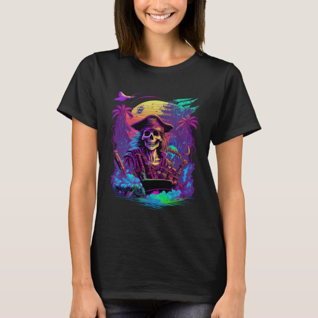Synthwave Retrowave Pirate Skull Colorful Sunset G T-Shirt (Front)