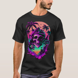 Synthwave Retrowave Pirate Skull Colourful Graphic T-Shirt