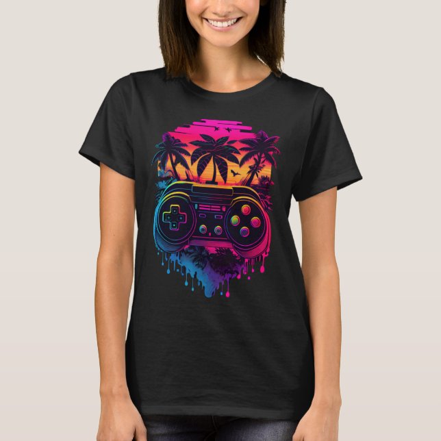 Synthwave Retrowave Video Game Controller Colourfu T-Shirt (Front)