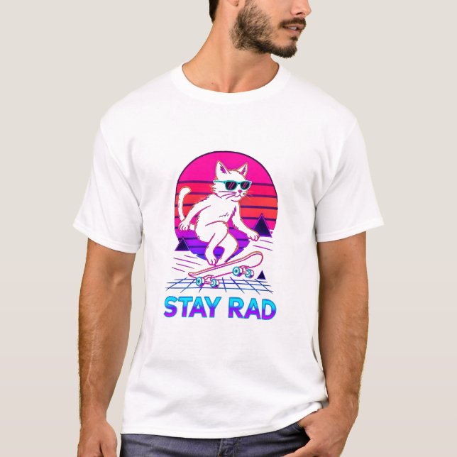 Synthwave Skateboarding Cat – Retro Neon “Stay Rad T-Shirt (Front)