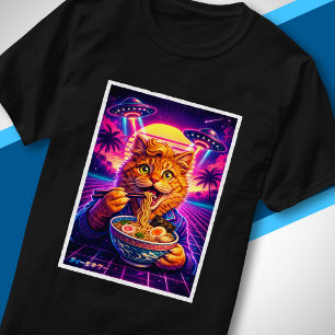 Synthwave UFO Cat Eating Ramen Cyberpunk Sci Fi T-Shirt