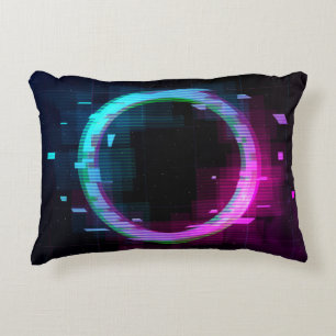 Synthwave Vaporwave Retrowave Glitch Circle with b Accent Pillow