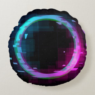 Synthwave Vaporwave Retrowave Glitch Circle with b Round Pillow
