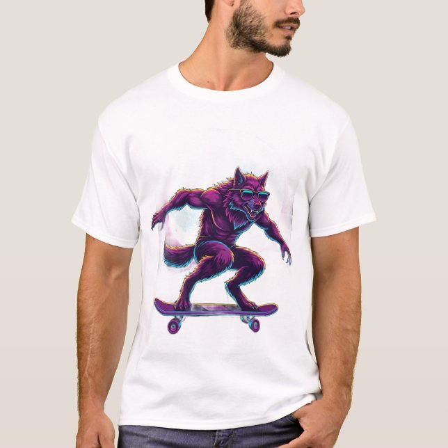 Synthwave Werewolf Skateboarder T-Shirt (Front)
