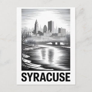 Syracuse New York Black White Woodcut Postcard