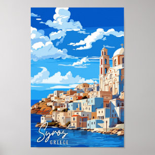 Syros Greece vintage travel illustration Poster
