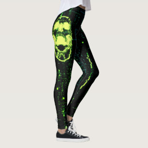 System Error Cyberpunk Screaming Skull Green Leggings