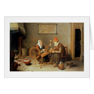 T31883 An interior with a old woman at a spinning