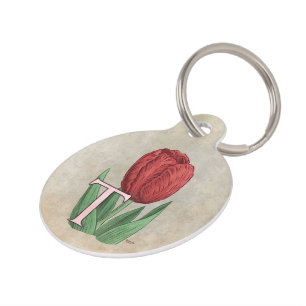 T for Tulip Flower Monogram Pet Tag