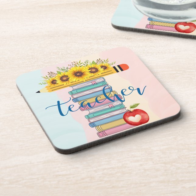 T is for Teacher Floral Pencil Books Apple Coaster (Left Side)